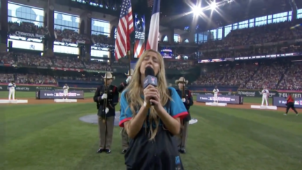 Ingrid Andress sings the national anthem at the MLB Home Run Derby